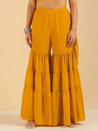 Mustard Embroidered Patch Crop Top With Tiered Palazzo Saree Fusion Co-Ord Set