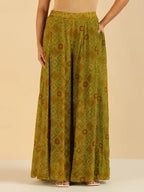 Olive Green Bandhani Printed Crop Top With Sharara Saree Fusion Co-Ord Set