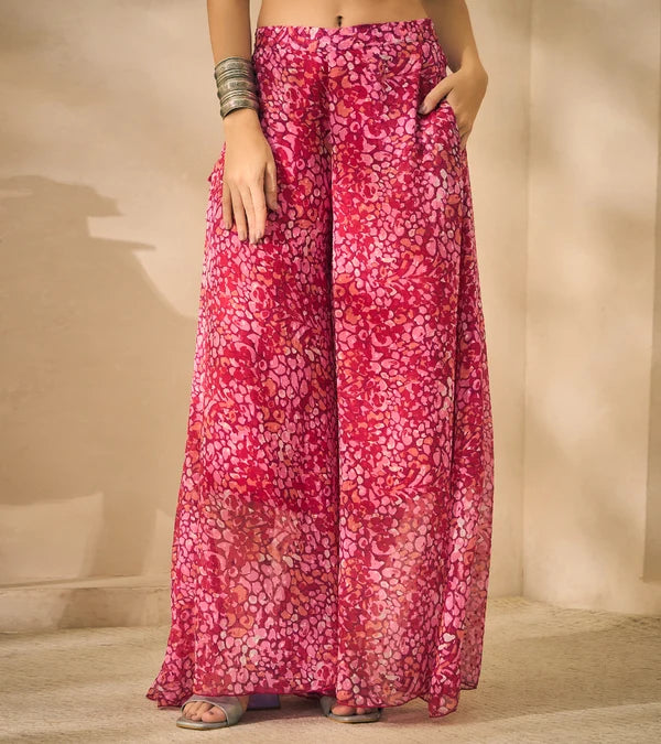 Magenta Floral Print Chiffon Corset Top & Palazzo With Dupatta Women 3 Piece Set