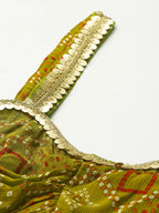 Olive Green Bandhani Printed Crop Top With Sharara Saree Fusion Co-Ord Set