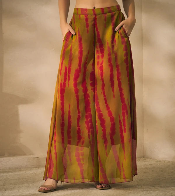 Olive Tie Dye Chiffon Corset Top & Palazzo With Dupatta Women 3 Piece Set