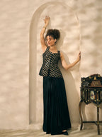 Scoop Neck Peplum Zigzag Embroidered Corset Top With Dhoti And Dupatta. Women Indo Western 3 Piece Set