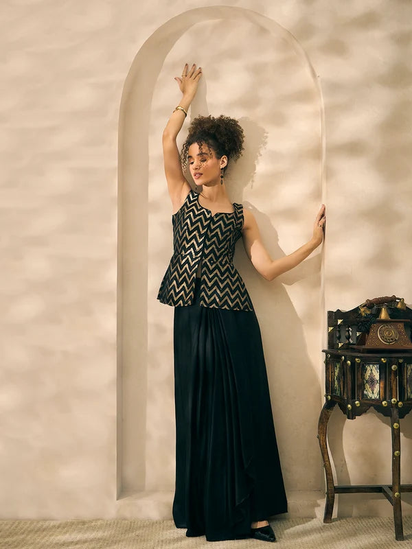 Scoop Neck Peplum Zigzag Embroidered Corset Top With Dhoti And Dupatta. Women Indo Western 3 Piece Set