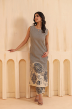 Beige And Blue Cotton Printed Designer Kurta Pant Set