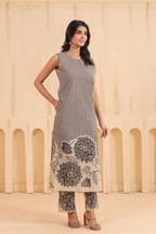 Beige And Blue Cotton Printed Designer Kurta Pant Set