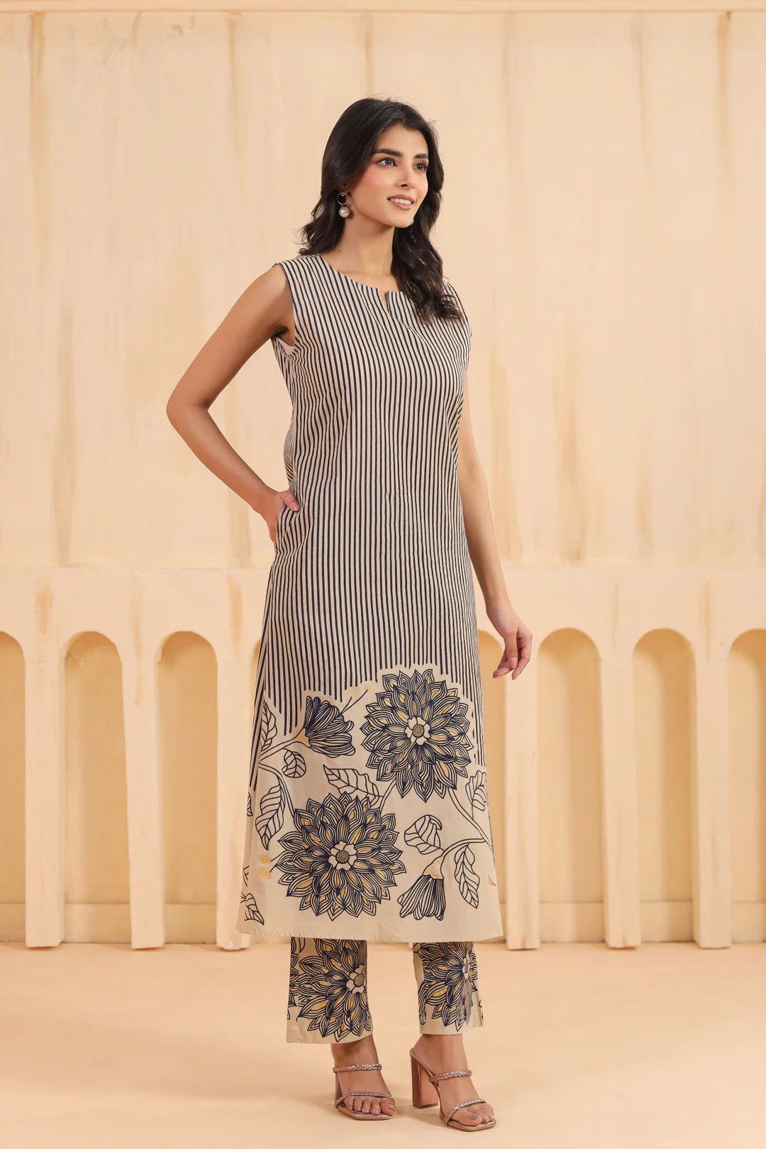 Beige And Blue Cotton Printed Designer Kurta Pant Set