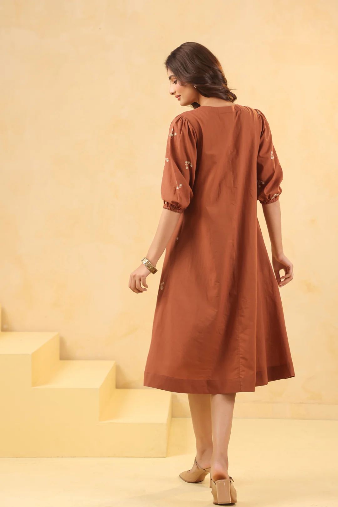 Brown Cotton Embroidered Designer A-Line Dress