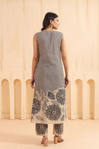 Beige And Blue Cotton Printed Designer Kurta Pant Set