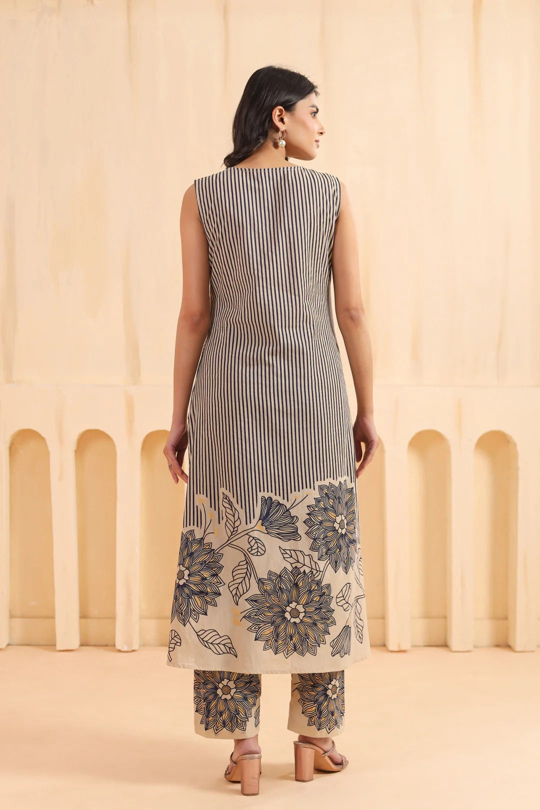 Beige And Blue Cotton Printed Designer Kurta Pant Set