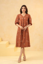 Brown Cotton Embroidered Designer A-Line Dress