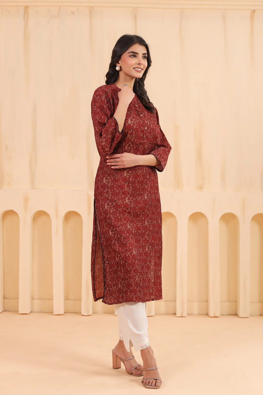Maroon Cotton Pintuck Printed Straight Kurta