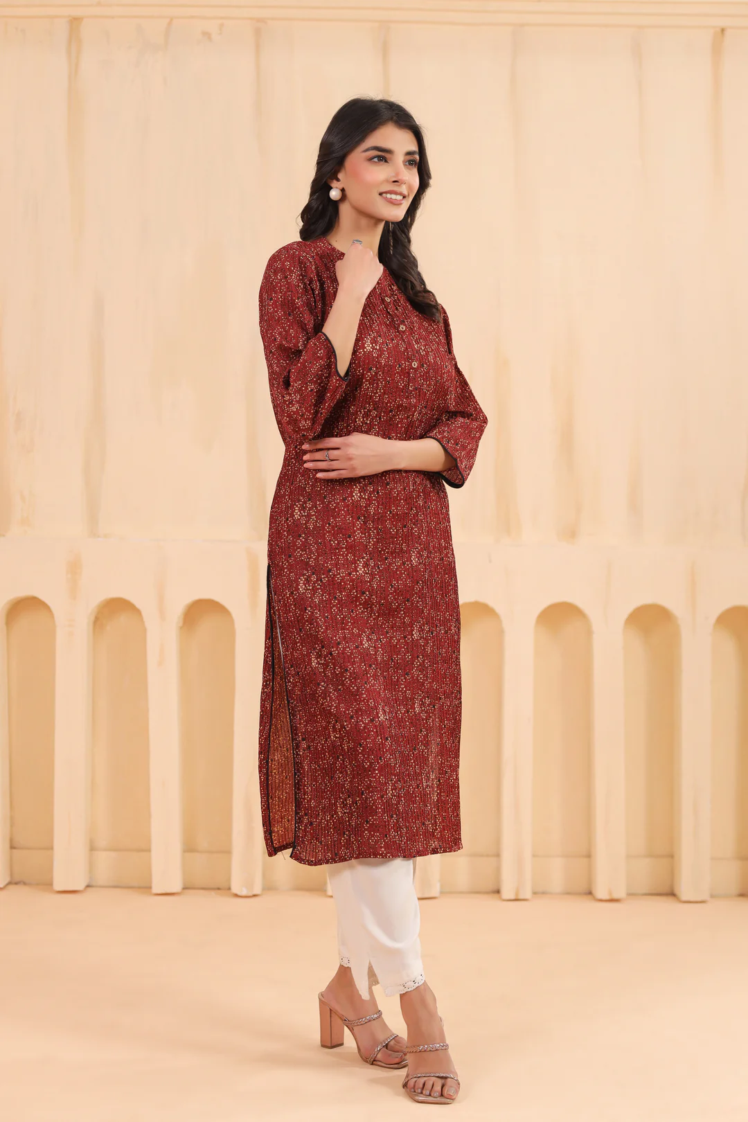 Maroon Cotton Pintuck Printed Straight Kurta