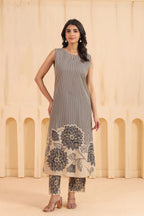 Beige And Blue Cotton Printed Designer Kurta Pant Set