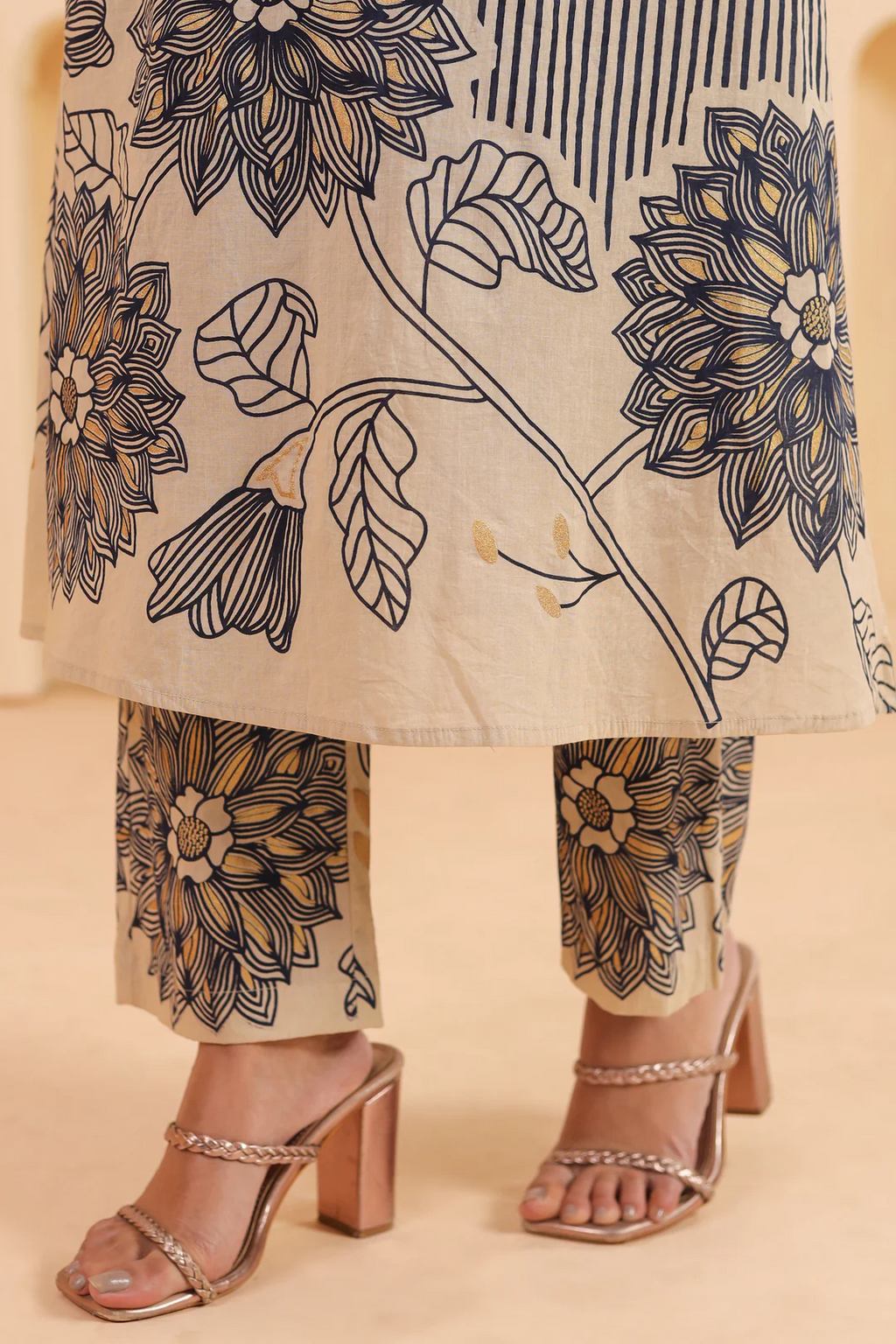 Beige And Blue Cotton Printed Designer Kurta Pant Set