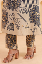 Beige And Blue Cotton Printed Designer Kurta Pant Set
