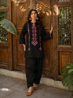 Women Black Embroidered Short Kurta With Farshi Salwar