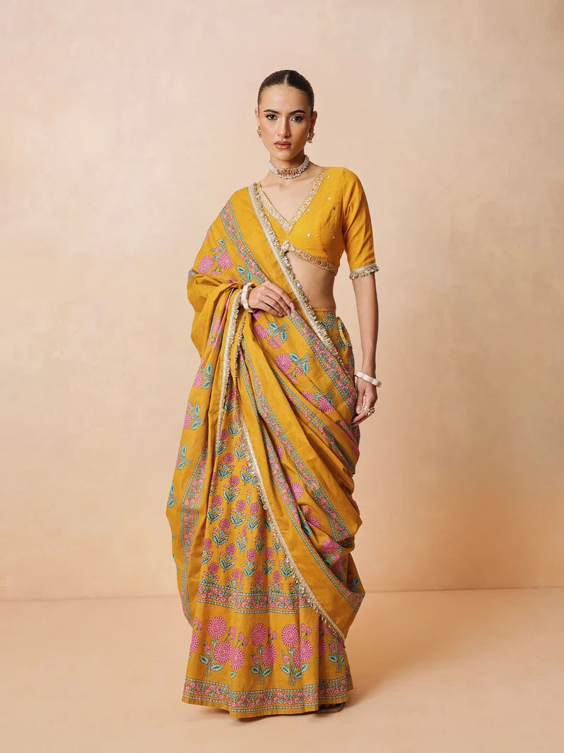 Women Yellow Embroidered Crop Top With Anarkali Skirt & Dupatta