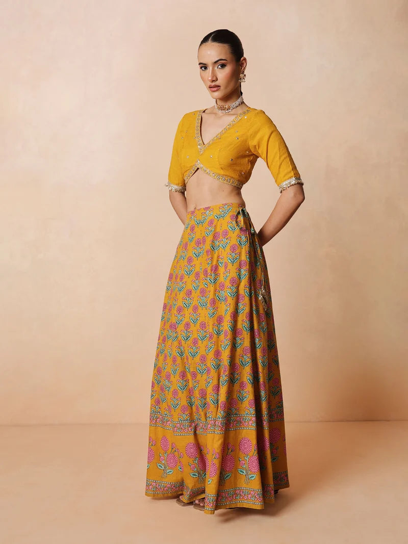 Women Yellow Embroidered Crop Top With Anarkali Skirt & Dupatta