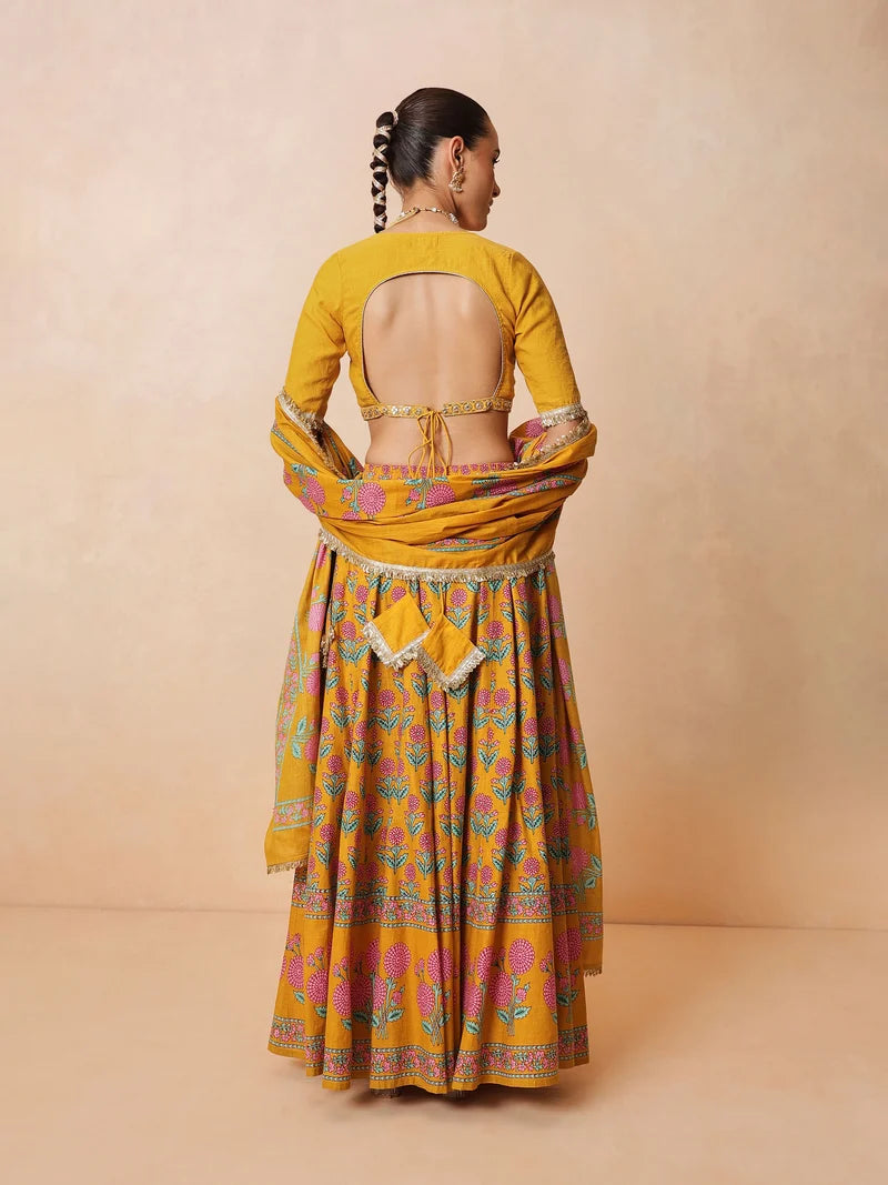 Women Yellow Embroidered Crop Top With Anarkali Skirt & Dupatta