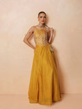 Women Yellow Brocade Corset Top With Chanderi Anarkali Skirt
