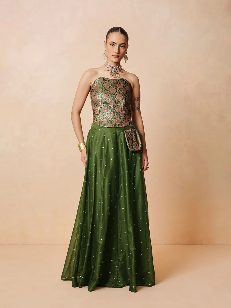 Women Olive Brocade Corset Top With Chanderi Anarkali Skirt