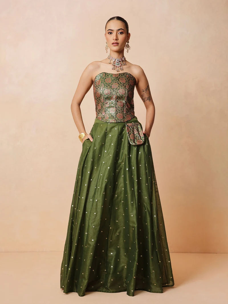 Women Olive Brocade Corset Top With Chanderi Anarkali Skirt