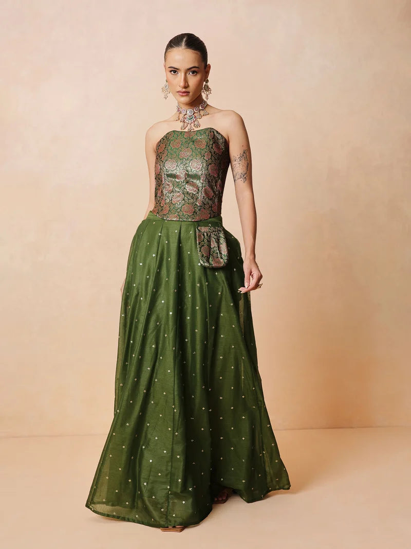 Women Olive Brocade Corset Top With Chanderi Anarkali Skirt