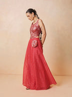 Women Red Brocade Corset Top With Chanderi Anarkali Skirt