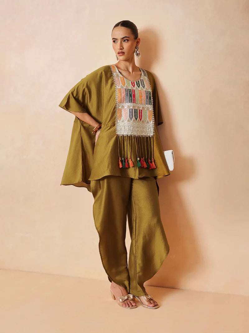 Women Mustard Embroidered Patch Kaftan With Tulip Pants
