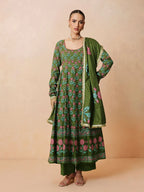Women Olive Floral Anarkali Kurta With Pencil Pants & Dupatta