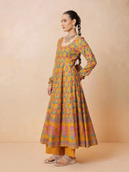 Women Yellow Floral Cotton Anarkali Kurta With Pencil Pants & Dupatta