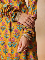 Women Yellow Floral Cotton Anarkali Kurta With Pencil Pants & Dupatta