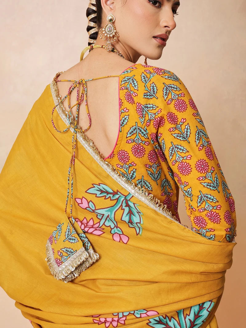 Women Yellow Floral Cotton Anarkali Kurta With Pencil Pants & Dupatta