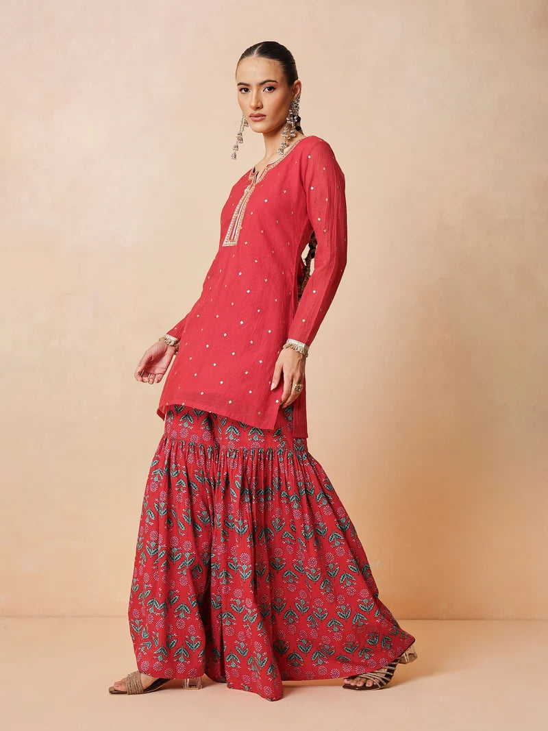Women Red Embroidered Short Kurta With Sharara Pants & Dupatta