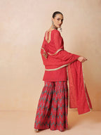 Women Red Embroidered Short Kurta With Sharara Pants & Dupatta