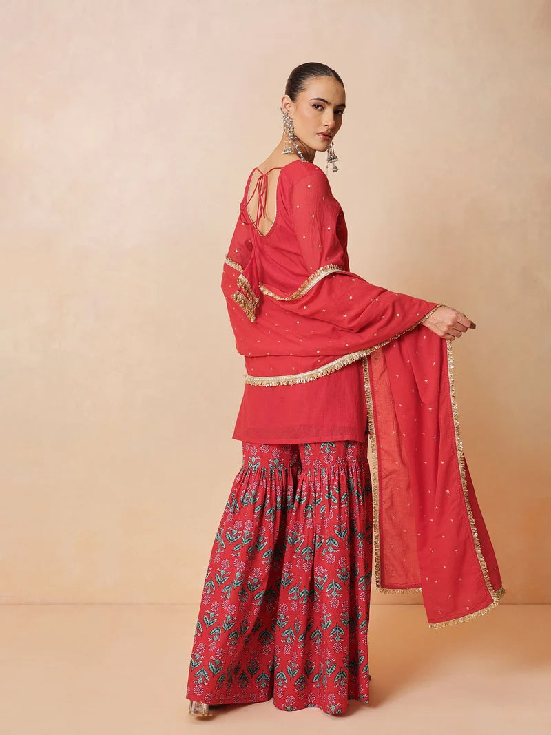 Women Red Embroidered Short Kurta With Sharara Pants & Dupatta