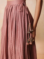Women Onion Pink Brocade Sleeveless Crop Top With Pleated Skirt