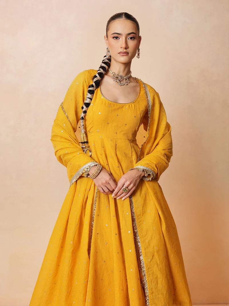 Women Yellow Chanderi Anarkali Kurta With Straight Pants & Dupatta