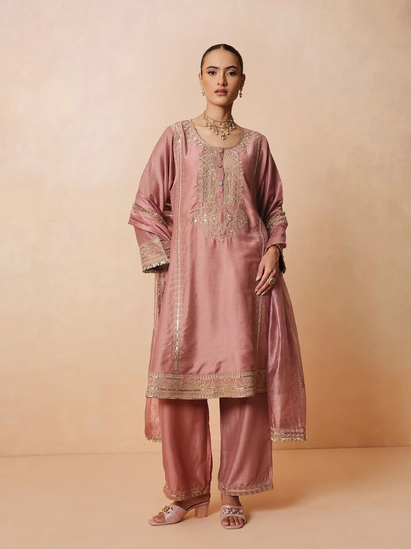 Women Onion Pink Embroidered Choga Kurta With Straight Pant & Dupatta