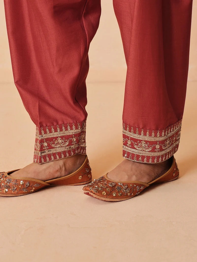 Women Rust Embroidered Short Kurta With Farshi Salwar & Dupatta