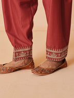 Women Rust Embroidered Short Kurta With Farshi Salwar & Dupatta