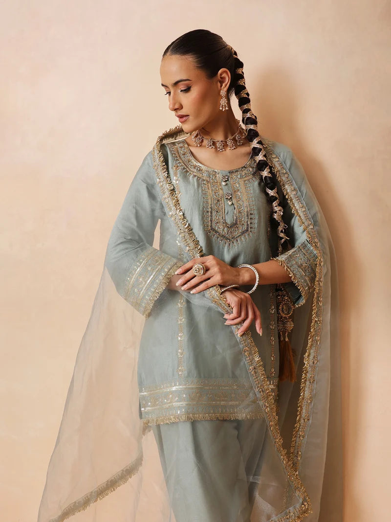 Women Pista Green Embroidered Short Kurta With Farshi Salwar & Dupatta