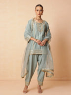 Women Pista Green Embroidered Short Kurta With Farshi Salwar & Dupatta