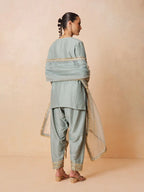 Women Pista Green Embroidered Short Kurta With Farshi Salwar & Dupatta