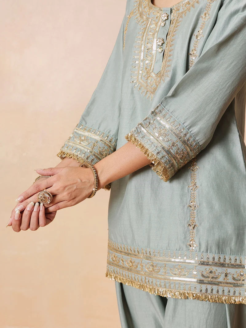 Women Pista Green Embroidered Short Kurta With Farshi Salwar & Dupatta