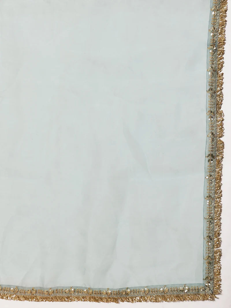 Women Pista Green Embroidered Short Kurta With Farshi Salwar & Dupatta