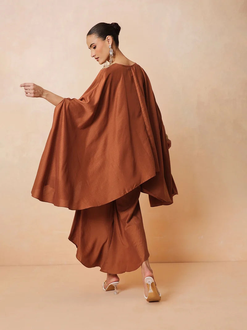 Women Rust Embroidered Kaftan With Flared Pants