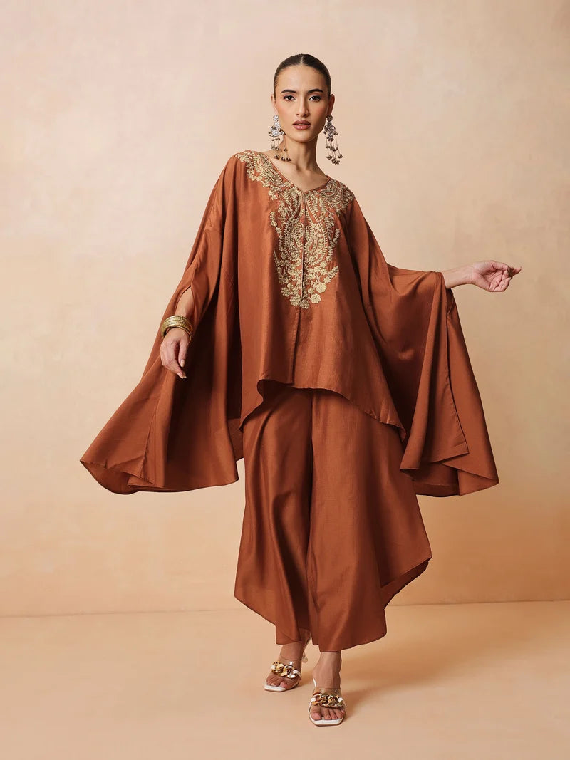 Women Rust Embroidered Kaftan With Flared Pants