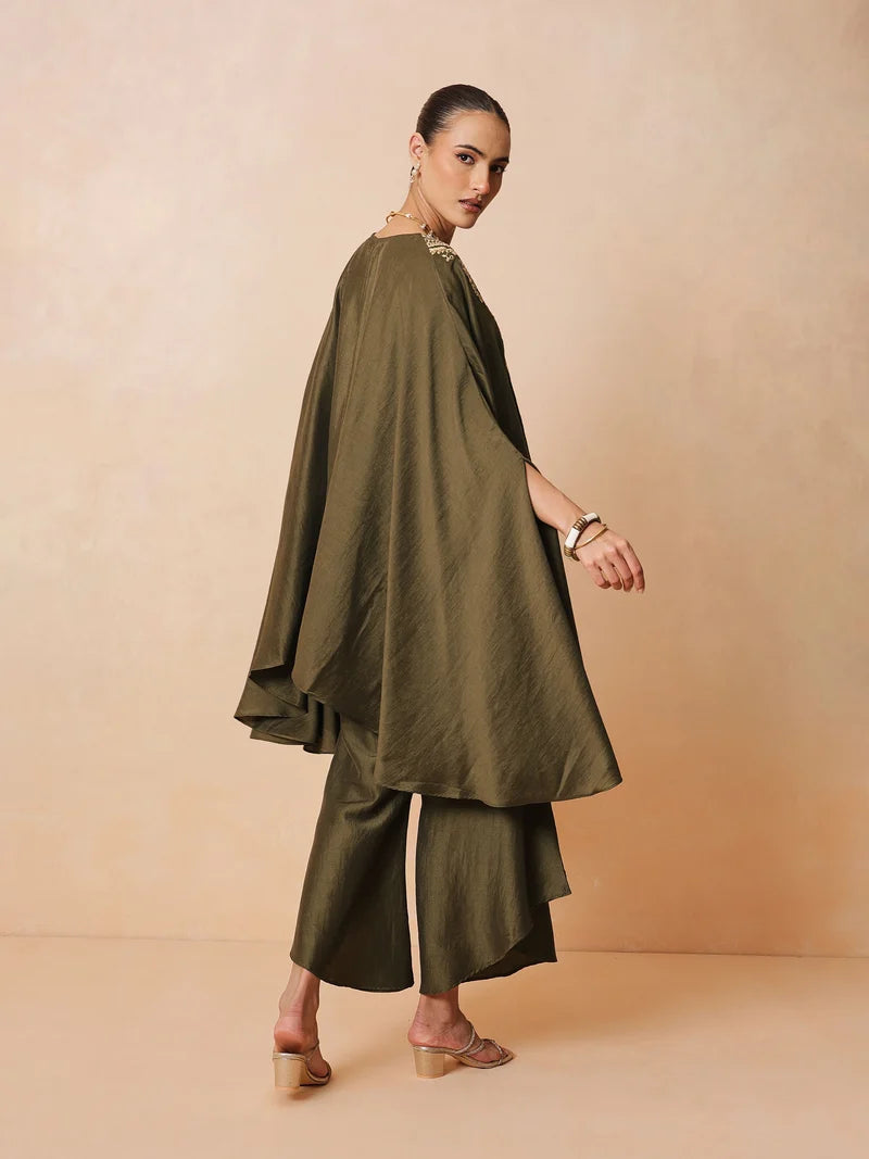 Women Olive Embroidered Kaftan With Flared Pants