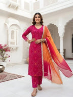 Megenta Pink Bandhani Printed Straight Kurta Set With Dupatta for Women